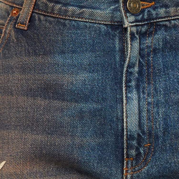 Pre Owned Gucci Blue Denim Dragon Appliquéd Boyfriend Jeans M/Waist 34"