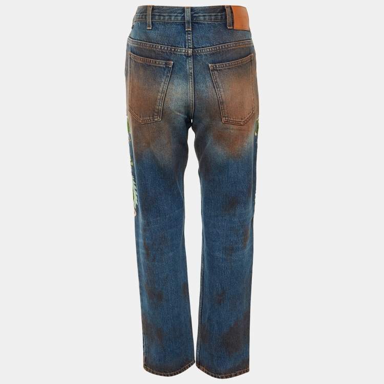 Pre Owned Gucci Blue Denim Dragon Appliquéd Boyfriend Jeans M/Waist 34"