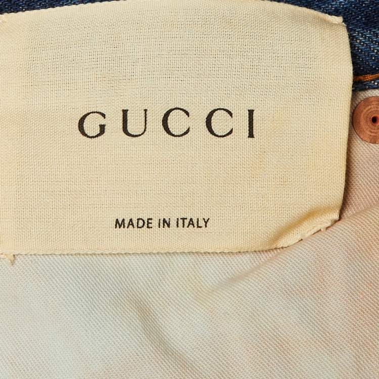 Pre Owned Gucci Blue Denim Dragon Appliquéd Boyfriend Jeans M/Waist 34"