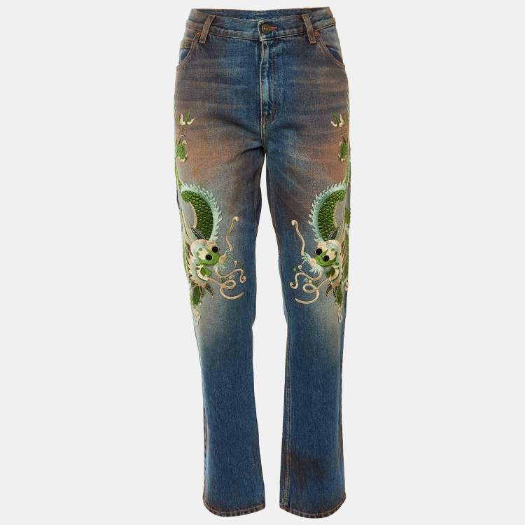 Pre Owned Gucci Blue Denim Dragon Appliquéd Boyfriend Jeans M/Waist 34"