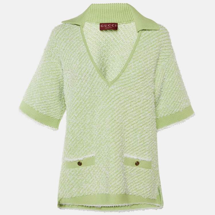 Pre Owned Gucci Green Cotton Boucle V-Neck Polo Top M