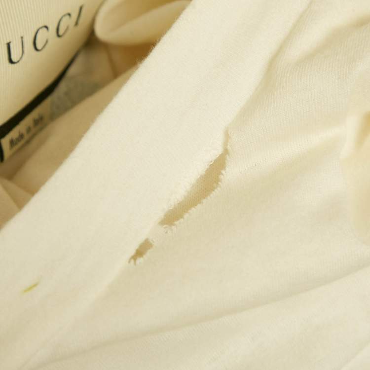 Pre Owned تي شيرت غوتشي قطن أبيض بطبعة ممزق مقاس متوسط 