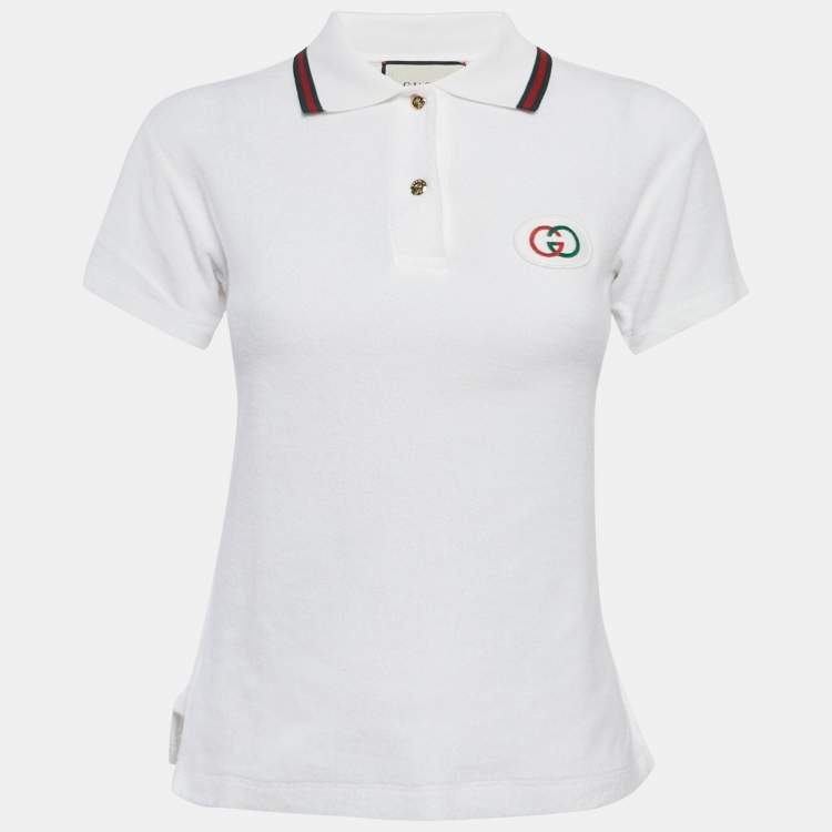Pre Owned Gucci White GG Applique Terry Fitted Polo T-Shirt S