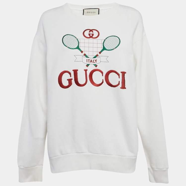Pre Owned Gucci White Tennis Embroidered Cotton Sweatshirt S