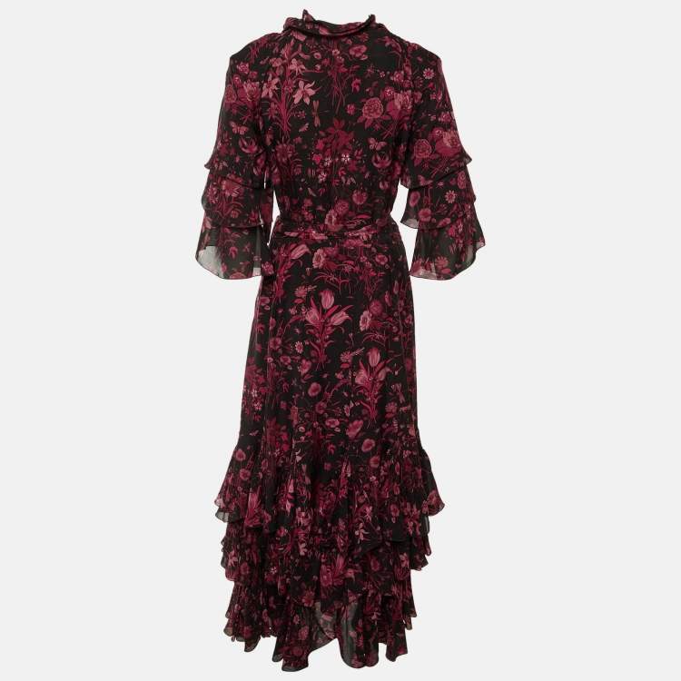 Pre Owned Gucci Black Floral Print Tiered Maxi Dress M