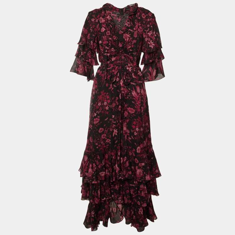 Pre Owned Gucci Black Floral Print Tiered Maxi Dress M
