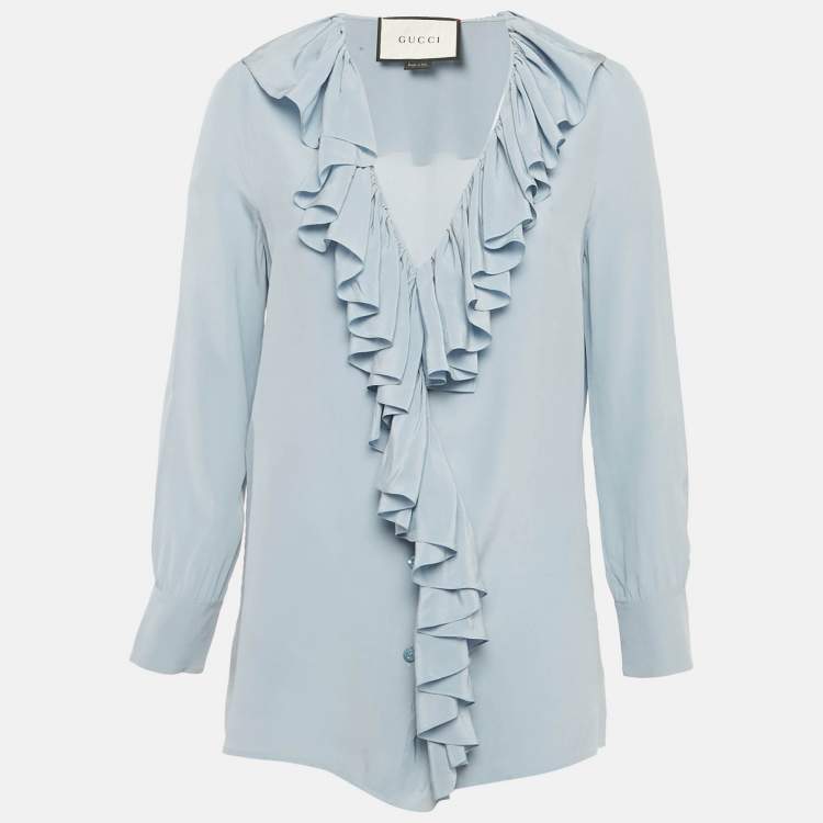 مملوكة مسبقًا Gucci Blue Silk Ruffled Blouse S