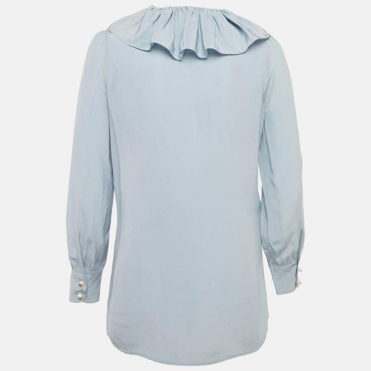 مملوكة مسبقًا Gucci Blue Silk Ruffled Blouse S