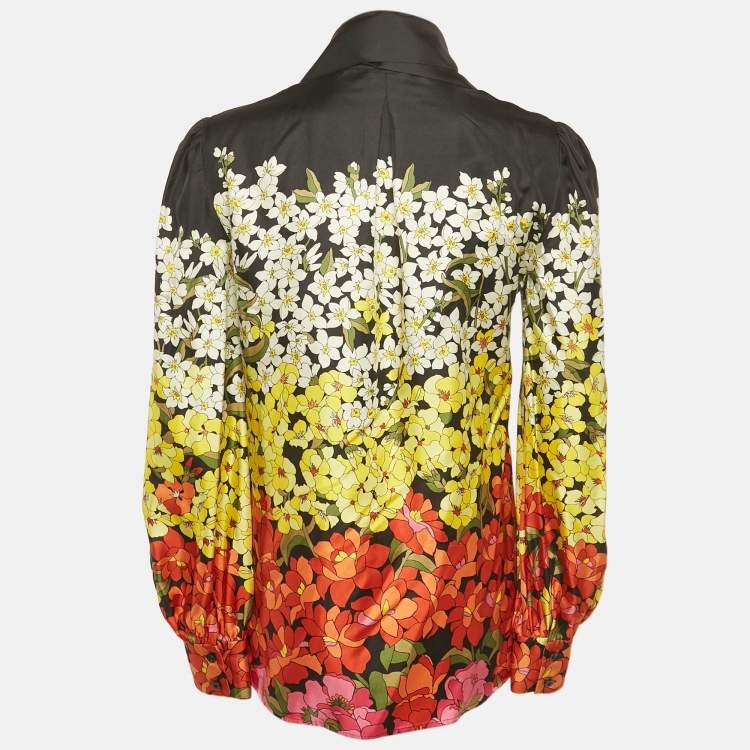 Pre Owned Gucci Multicolour Floral Print Silk Tie Neck Long Sleeve Blouse M