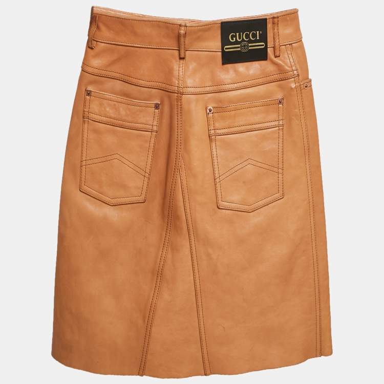 Pre Owned Gucci Brown Leather Knee Length Skirt S