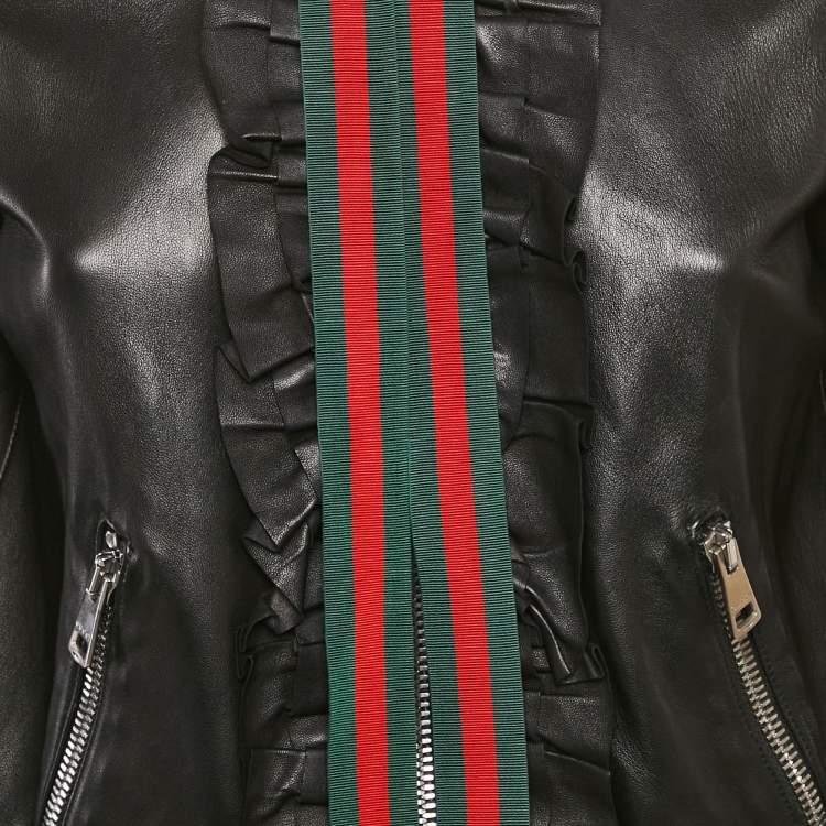 مملوكة مسبقًا Gucci Black Web Trim Leather Ruffled Jacket M