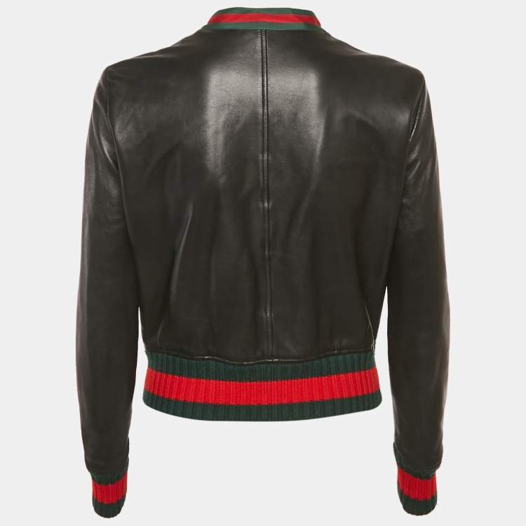 مملوكة مسبقًا Gucci Black Web Trim Leather Ruffled Jacket M