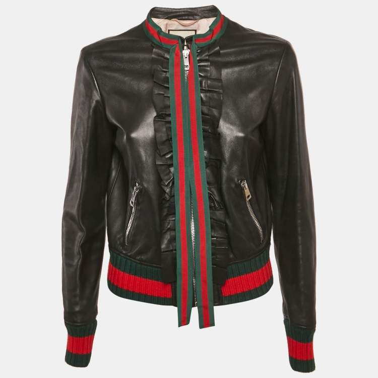 مملوكة مسبقًا Gucci Black Web Trim Leather Ruffled Jacket M