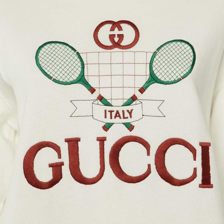 Pre Owned Gucci Off-White Cotton Tennis Embroidered Crew Neck Sweatshirt S