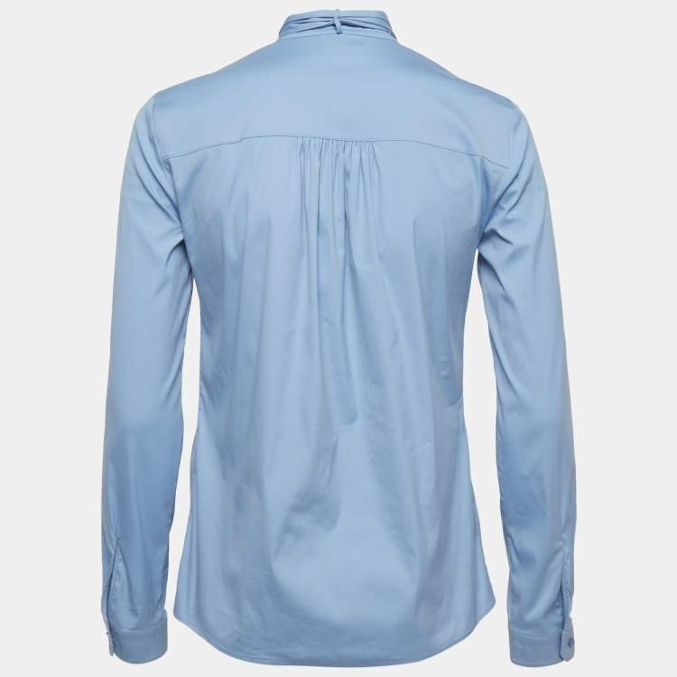 Pre Owned Gucci Blue Cotton Neck Tie-Up Shirt S