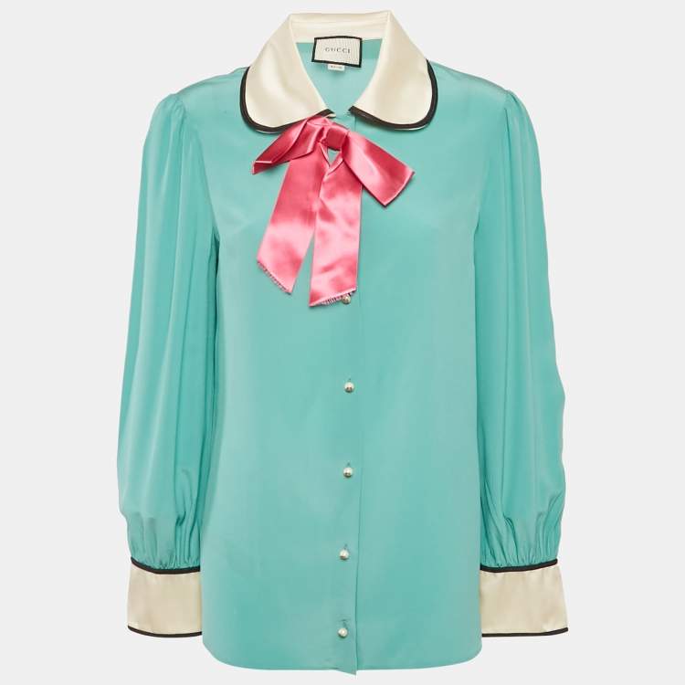 Pre Owned Gucci Blue Silk Bow Detail Long Sleeve Blouse L