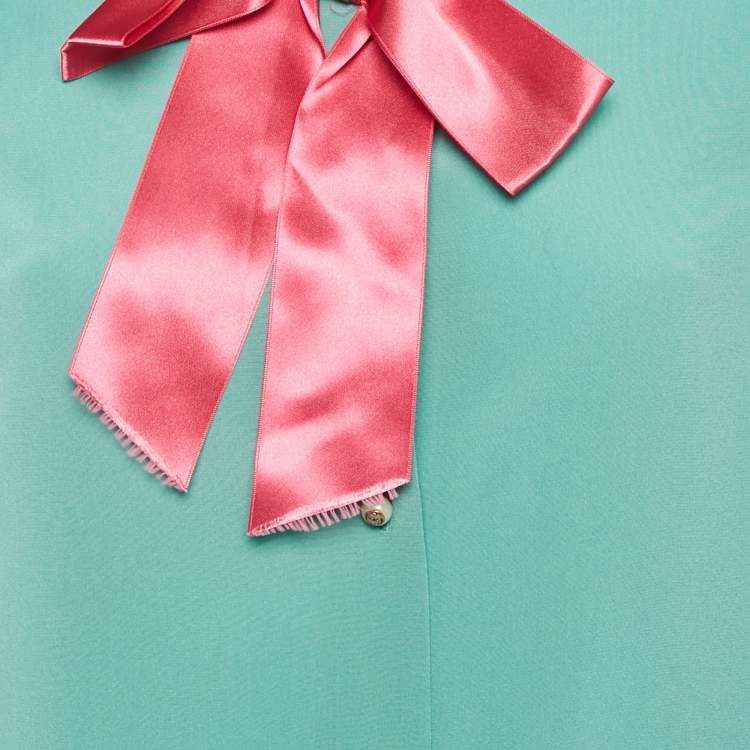 Pre Owned Gucci Blue Silk Bow Detail Long Sleeve Blouse L