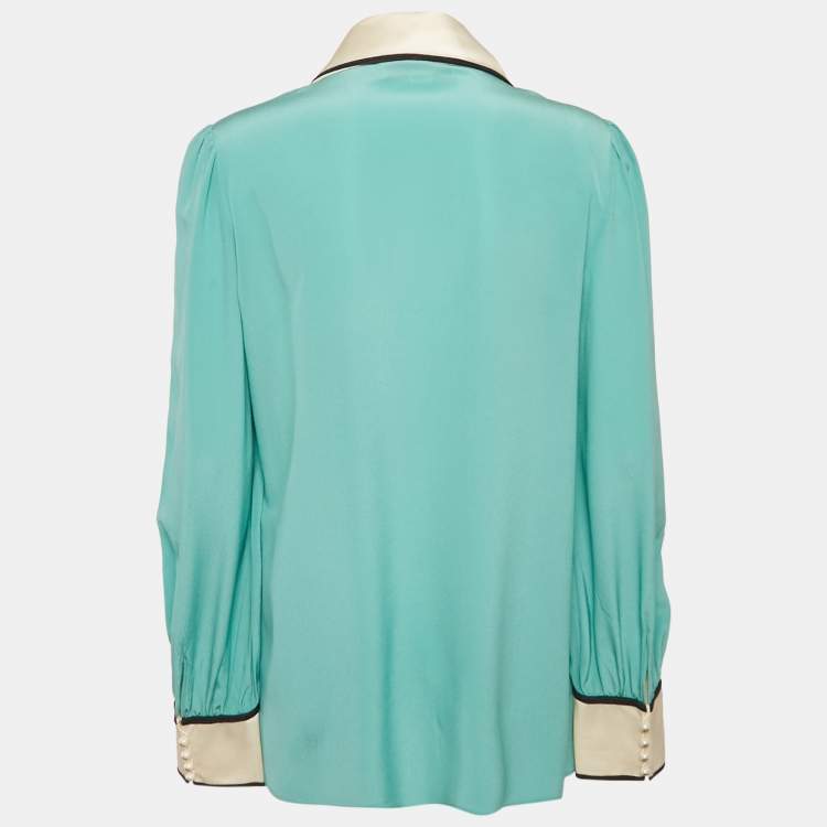 Pre Owned Gucci Blue Silk Bow Detail Long Sleeve Blouse L