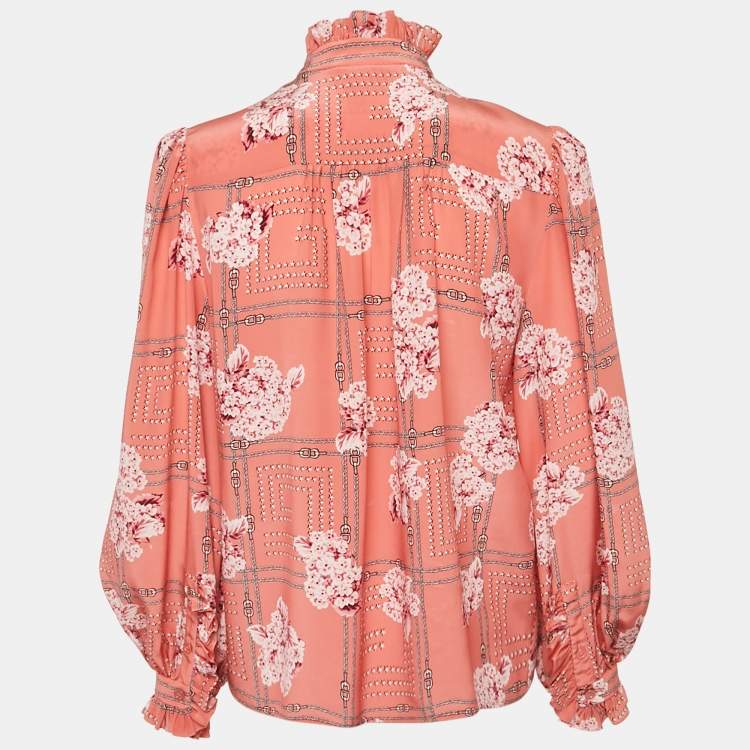 Pre Owned Gucci Pink Floral Print Silk Ruffled Blouse S