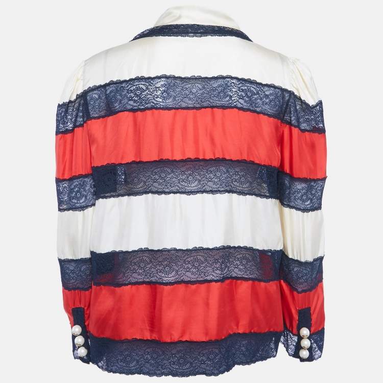 Pre Owned Gucci Multicolour Striped Silk & Lace Bow Tie Neck Blouse L