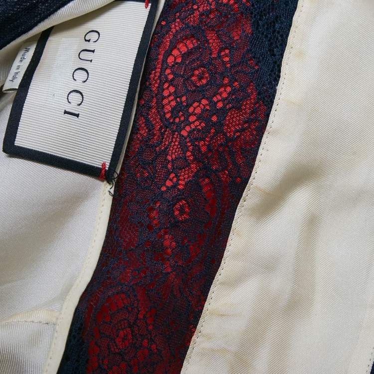 Pre Owned Gucci Multicolour Striped Silk & Lace Bow Tie Neck Blouse L