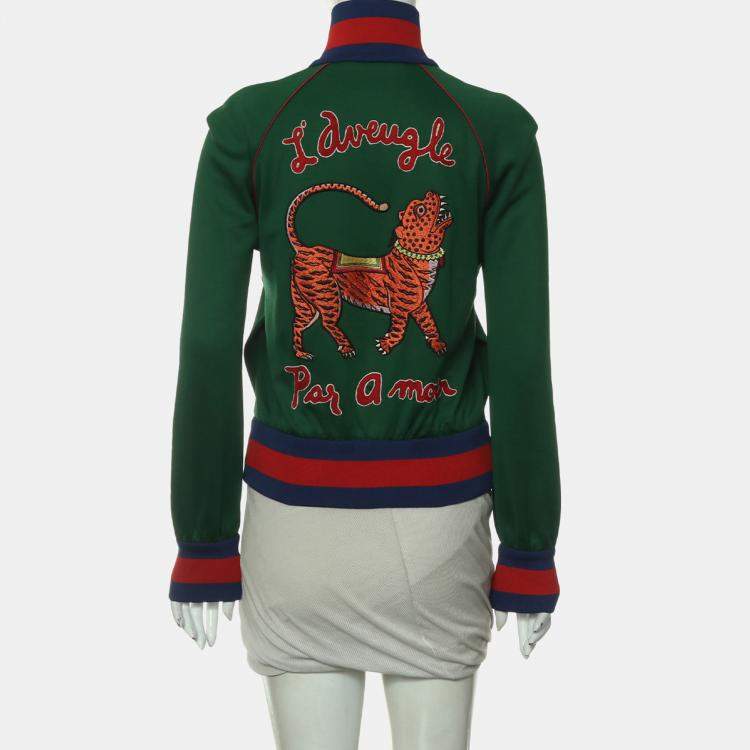 Pre Owned Gucci Green Embroidered Zip-Up Jacket S