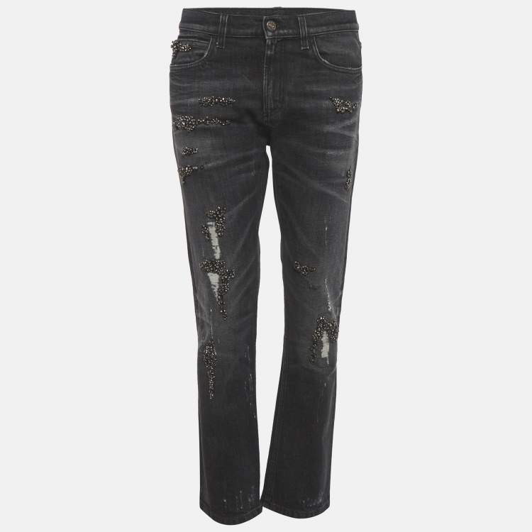 Pre Owned بنطلون جينز غوتشي دنيم رمادي مزين قصه مستقيمة مقاس صغير خصر 30 بوصة