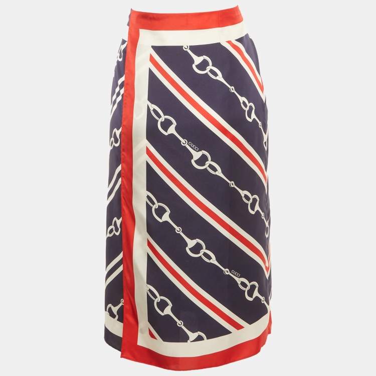 Pre Owned Gucci Blue/Red Horsebit Print Silk Pencil S