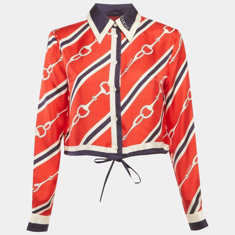 Pre Owned Gucci Red/Blue Horsebit Print Silk Blouse S