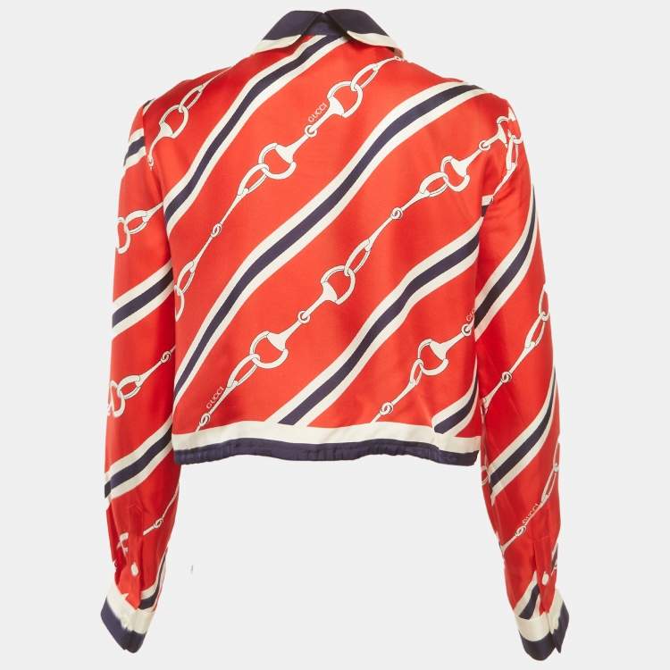 Pre Owned Gucci Red/Blue Horsebit Print Silk Blouse S
