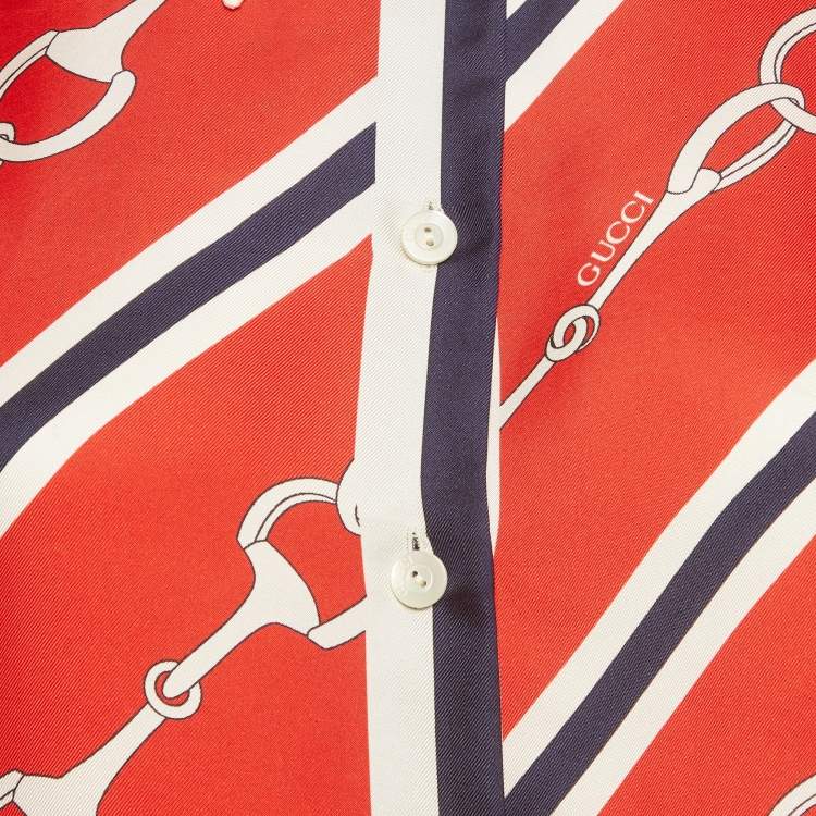 Pre Owned Gucci Red/Blue Horsebit Print Silk Blouse S
