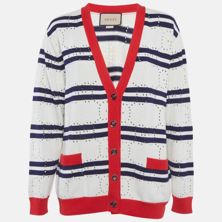 مملو كة مسبقًا Gucci White GG Pointelle Knit Striped Cardigan S