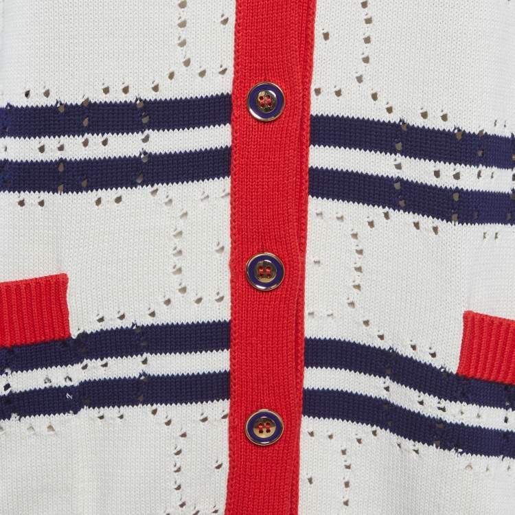 مملوكة مسبقًا Gucci White GG Pointelle Knit Striped Cardigan S