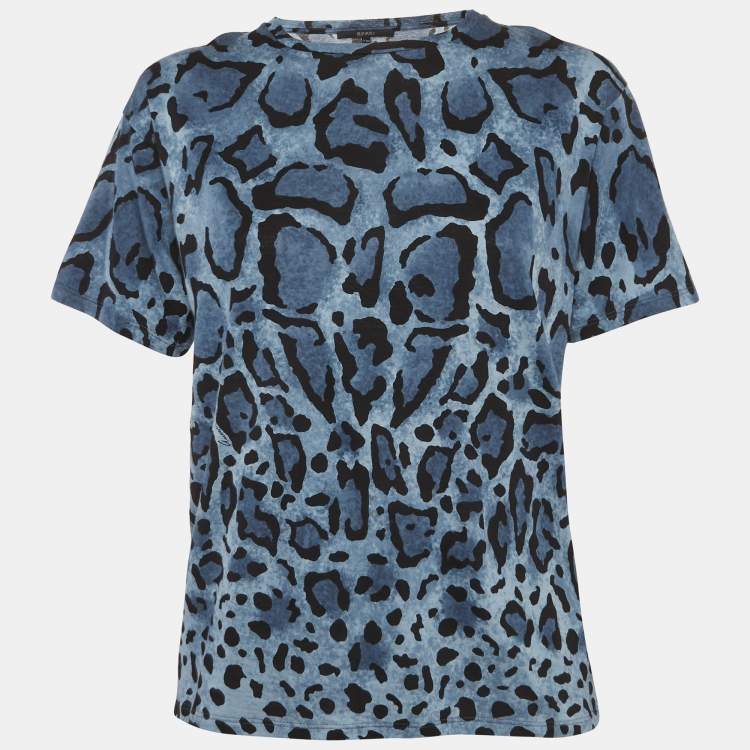 Pre Owned Gucci Blue Leopard Print Jersey T-Shirt XXS