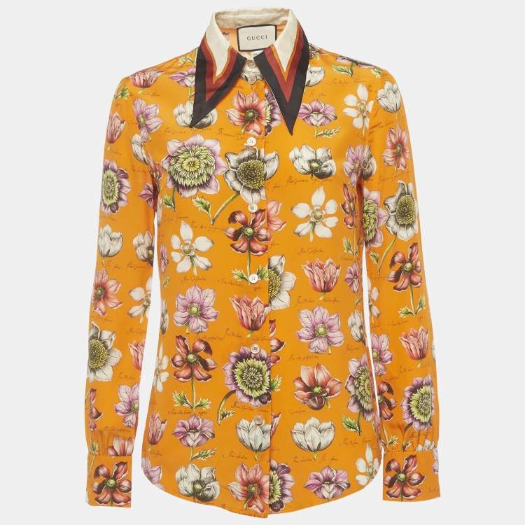 Pre Owned Gucci Orange Floral Printed Silk Oversized Collar Shirt S