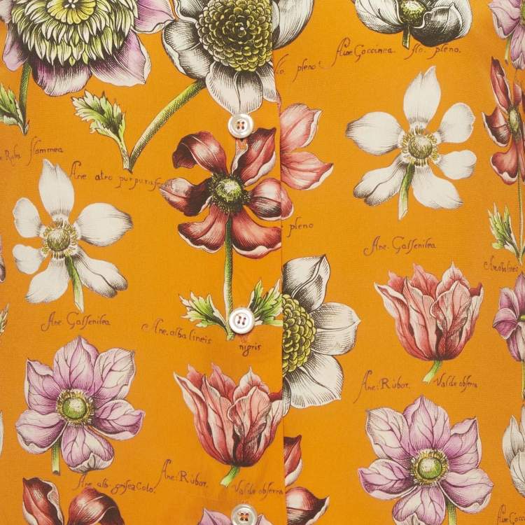 Pre Owned Gucci Orange Floral Printed Silk Oversized Collar Shirt S