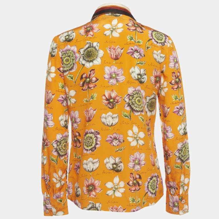 Pre Owned Gucci Orange Floral Printed Silk Oversized Collar Shirt S