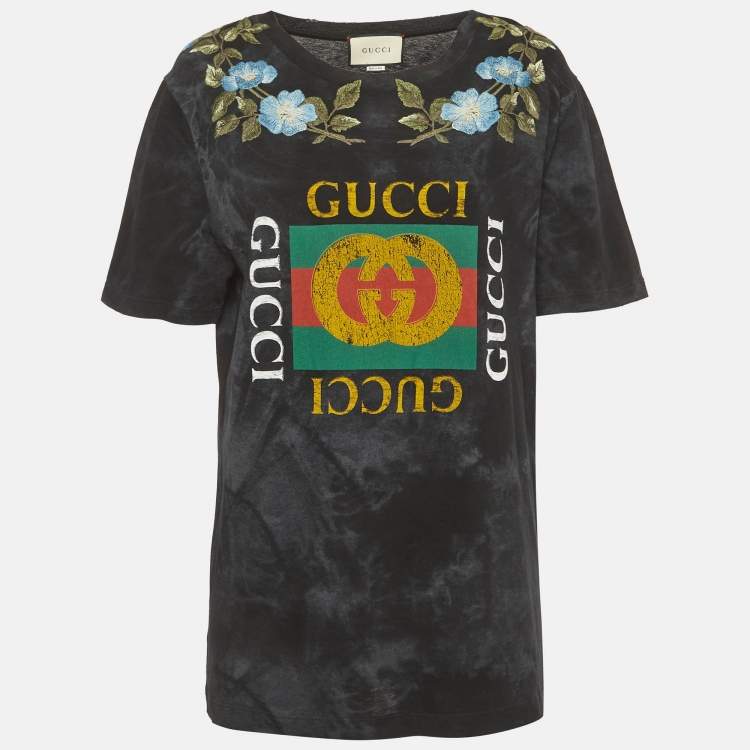 Pre Owned Gucci Black Embroidered Distressed Cotton Half Sleeve Shirt S