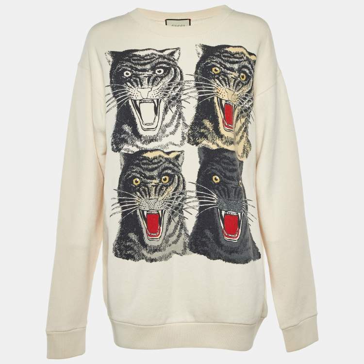 Pre Owned Gucci Cream Vintage Logo Tiger Print Cotton Oversized Sweatshirt L