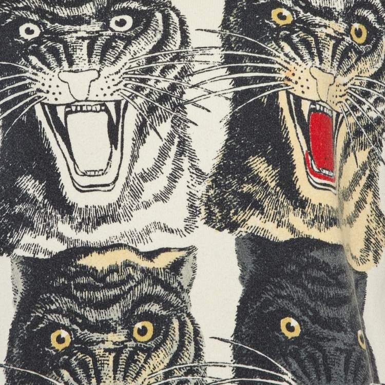 Pre Owned Gucci Cream Vintage Logo Tiger Print Cotton Oversized Sweatshirt L