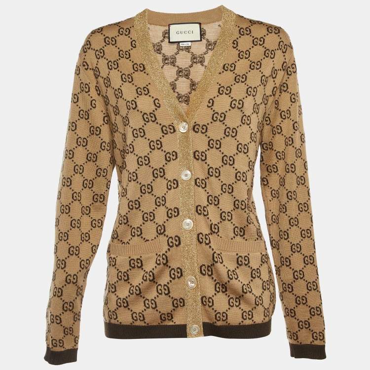 Pre Owned Gucci Brown GG Wool & Lurex Trim Button Front Cardigan L