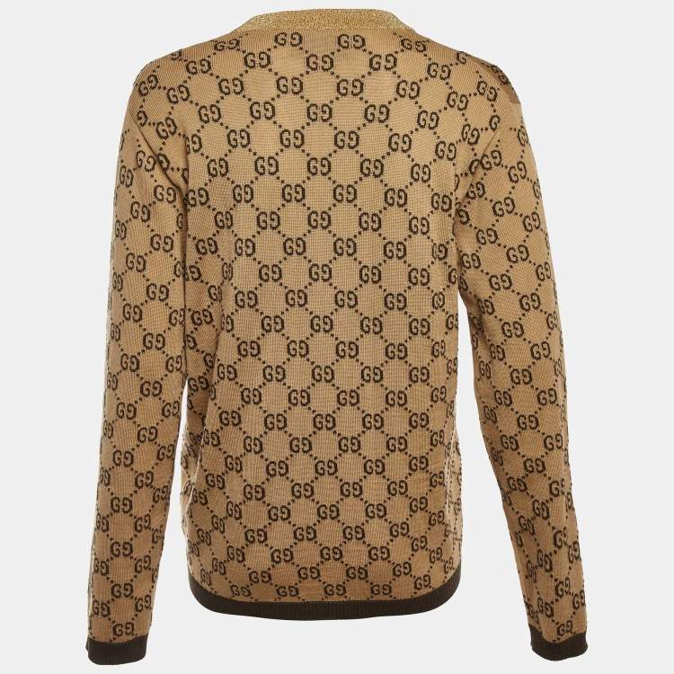 Pre Owned Gucci Brown GG Wool & Lurex Trim Button Front Cardigan L