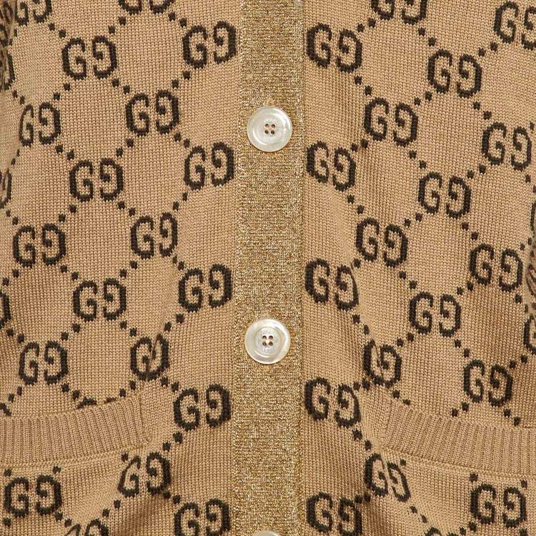 Pre Owned Gucci Brown GG Wool & Lurex Trim Button Front Cardigan L