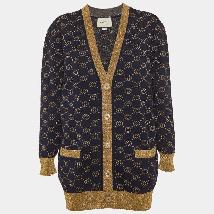 Pre Owned Gucci Blue GG Lame Wool Cardigan S