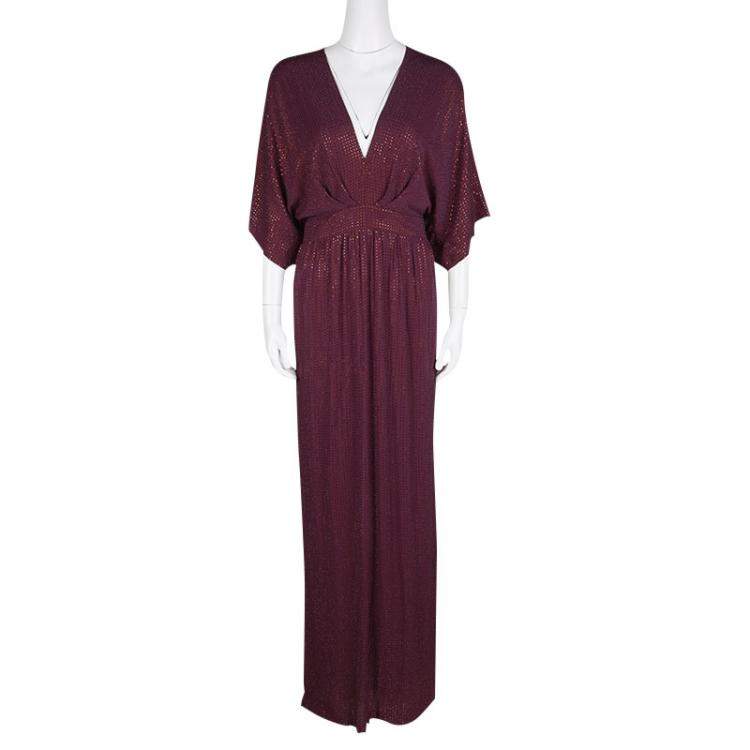 Pre Owned Gucci Burgundy Rhinestone Embellished Silk Kimono Sleeve Evening Gown S