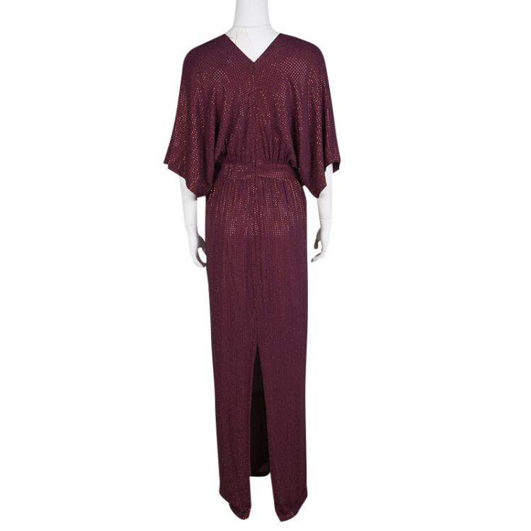 Pre Owned Gucci Burgundy Rhinestone Embellished Silk Kimono Sleeve Evening Gown S
