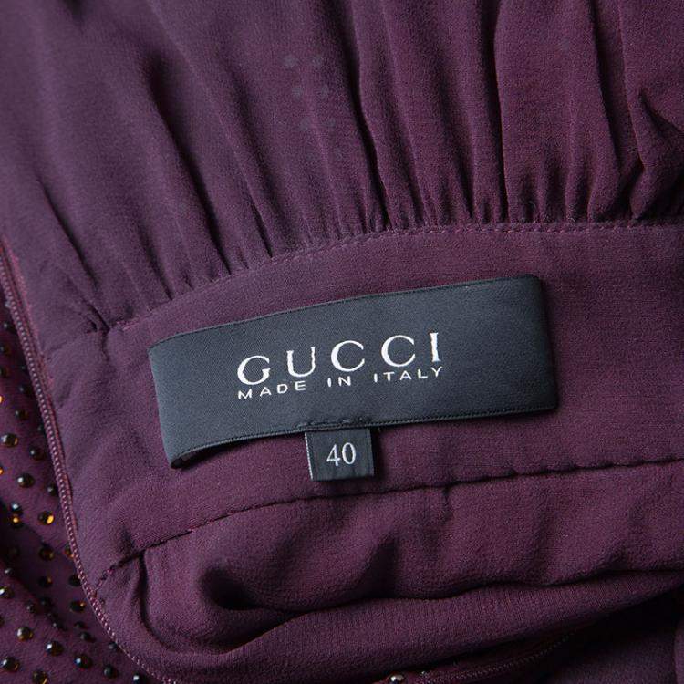 Pre Owned Gucci Burgundy Rhinestone Embellished Silk Kimono Sleeve Evening Gown S
