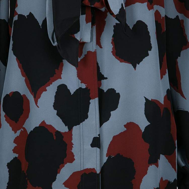 Pre Owned Gucci Abstract Leaf Print Neck Tie Detail Long Sleeve Silk Blouse S