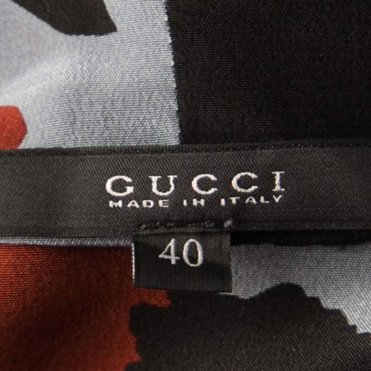 Pre Owned Gucci Abstract Leaf Print Neck Tie Detail Long Sleeve Silk Blouse S