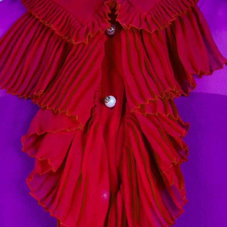 Pre Owned Gucci Purple Silk Chiffon Contrast Plisse Ruffle Detail Sheer Blouse M